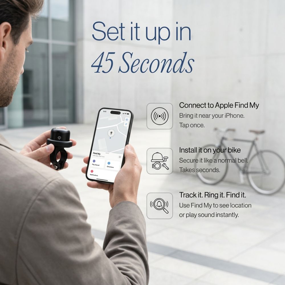 Person using a smartphone with bike lock app, text 'Set it up in 45 Seconds' and bike in background