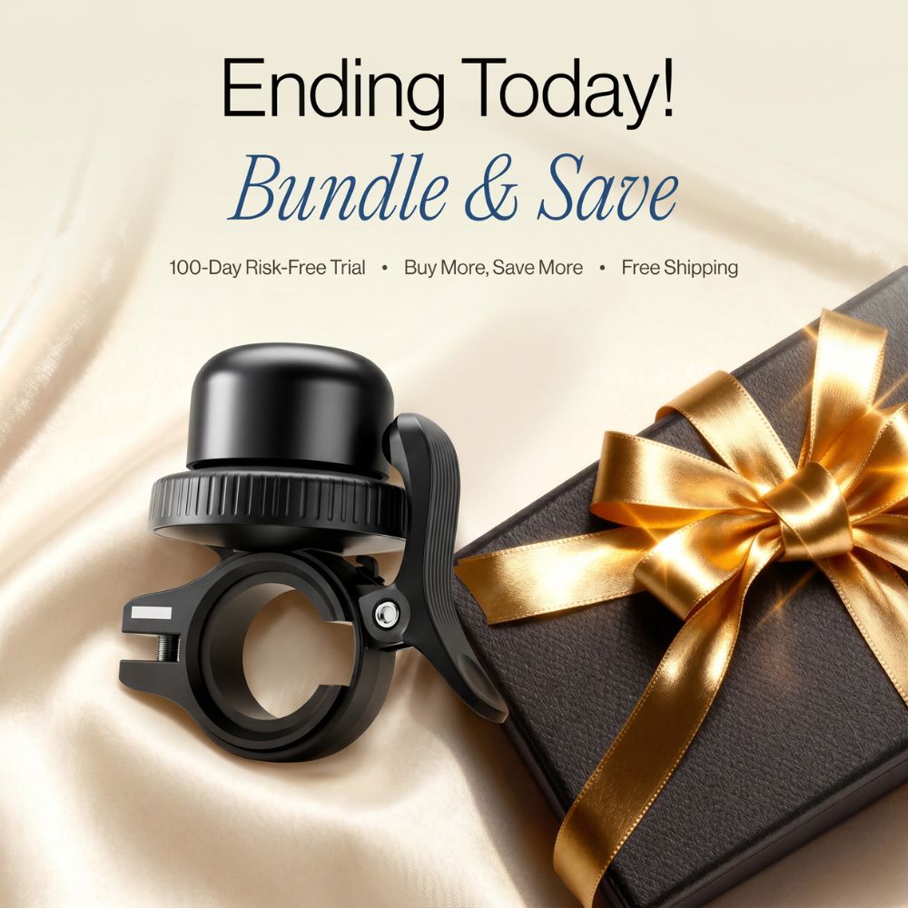 Black bike handlebar mount with a gold ribbon on a gift box against a beige background
