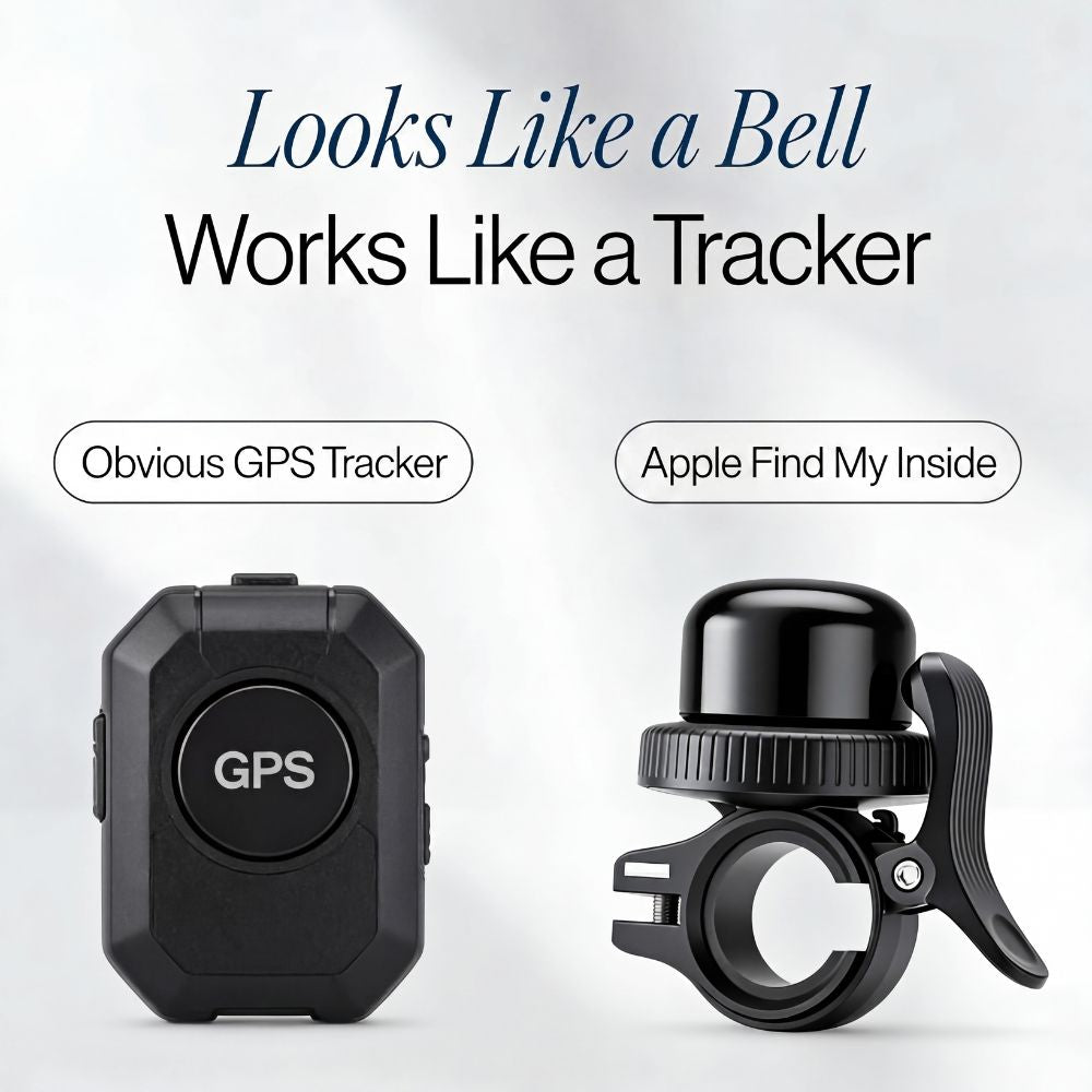 Two GPS devices labeled 'Obvious GPS Tracker' and 'Hidden GPS Bell' on a white background.