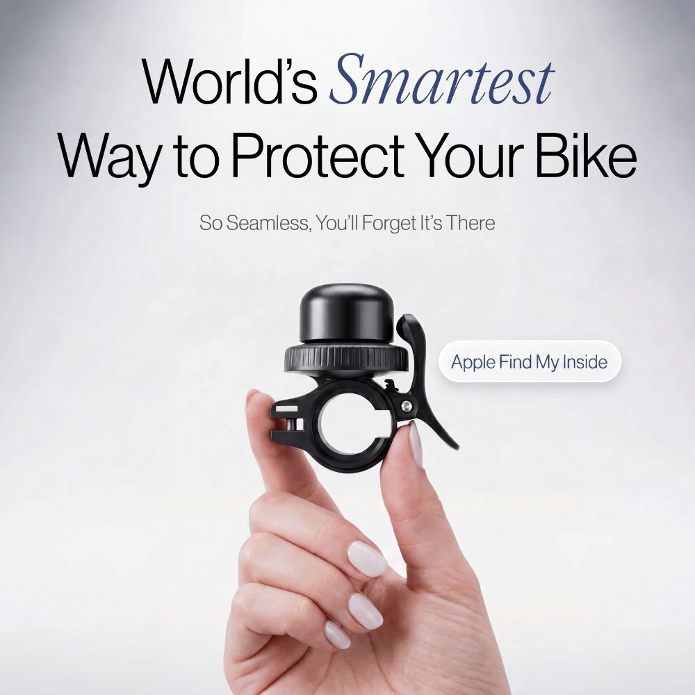 Hand holding a bike lock with text about protecting a bike using a hidden GPS system.