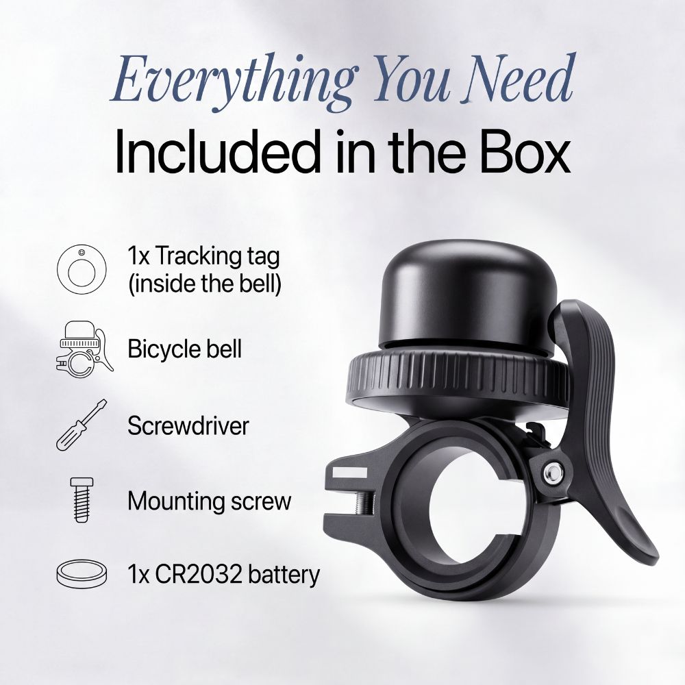 Black bicycle bell with a mounting clamp and lever, shown with text listing included items: a tracking tag, screwdriver, mounting screw, CR2032 battery, and the bell itself. The image is on a light gray background with blue and black headline text.