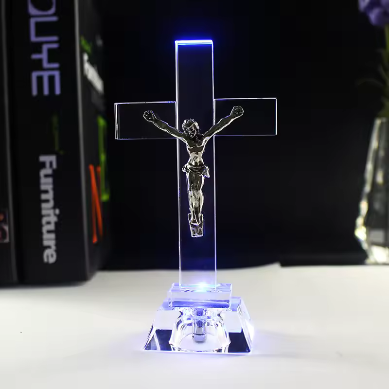 Crystal Glass Cross Jesus with LED